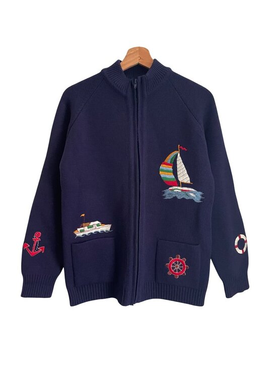 Leroy Sweaters - Vintage LeRoy Womens Zip Sweater Size L Navy Nautical Sailboat Anchor Coastal
